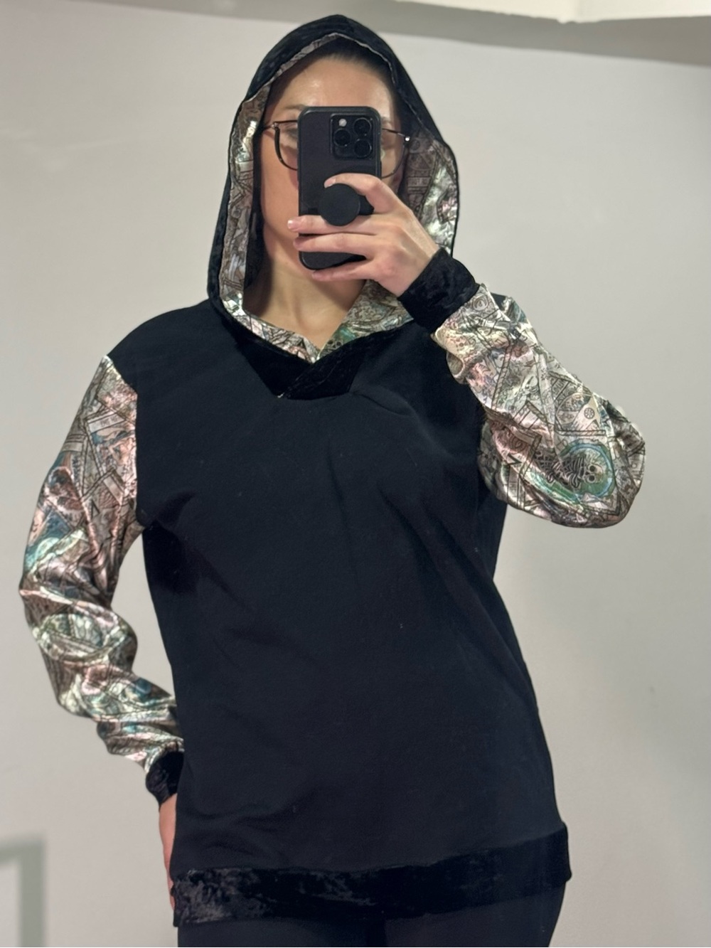 Black Hoodie with Metallic Patterned Sleeves